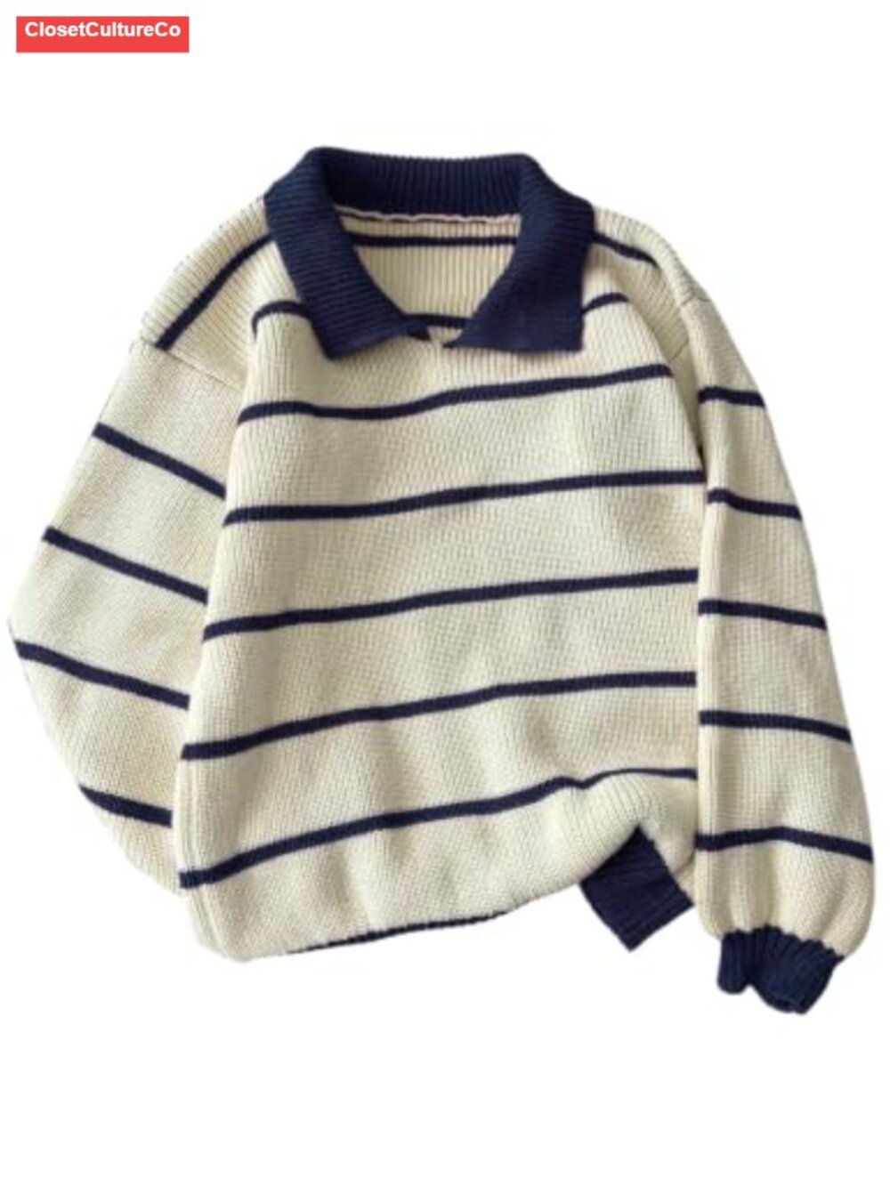 Oversized Striped Polo Collar Chunky Knit Pullover Sweater Preppy